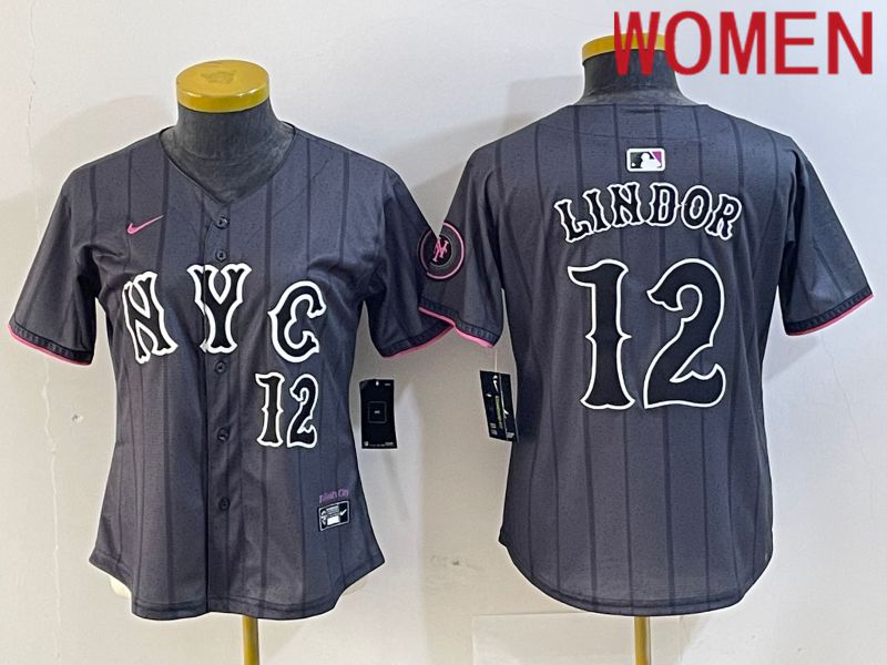 Women New York Mets #12 Lindor Black City Edition 2024 Nike MLB Jersey style 6->women mlb jersey->Women Jersey